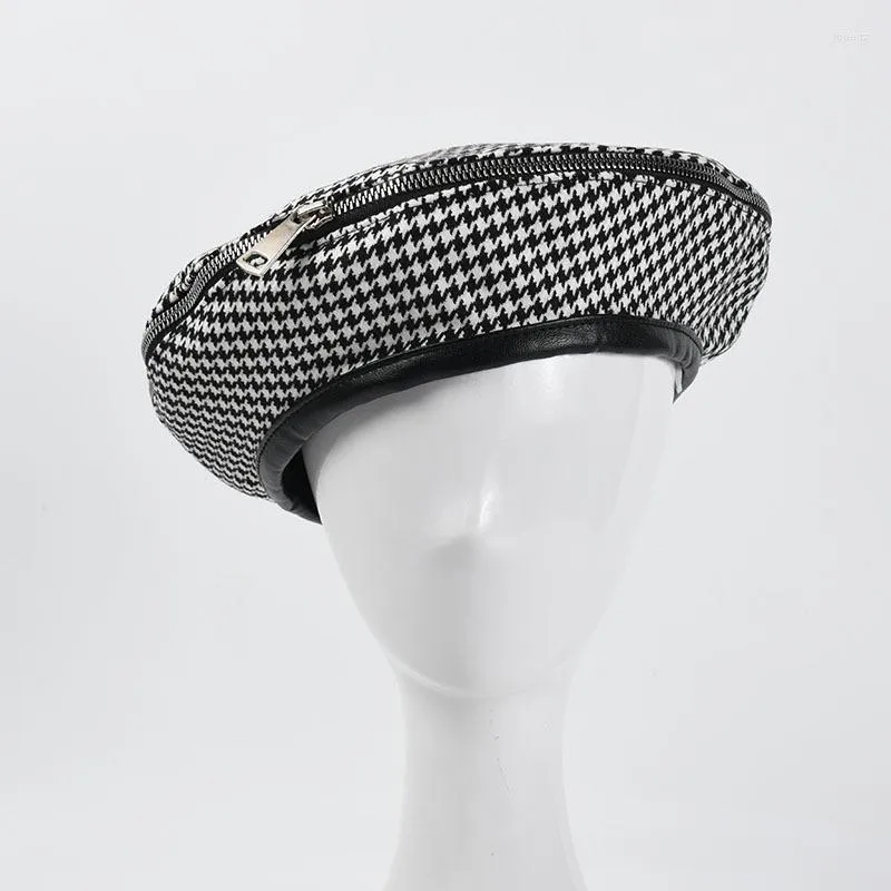 Berets Fashion INS Zipper Beret For Women Houndstooth Ladies Wedding Hat Trendy Leather Edging Winter Painter Outdoor