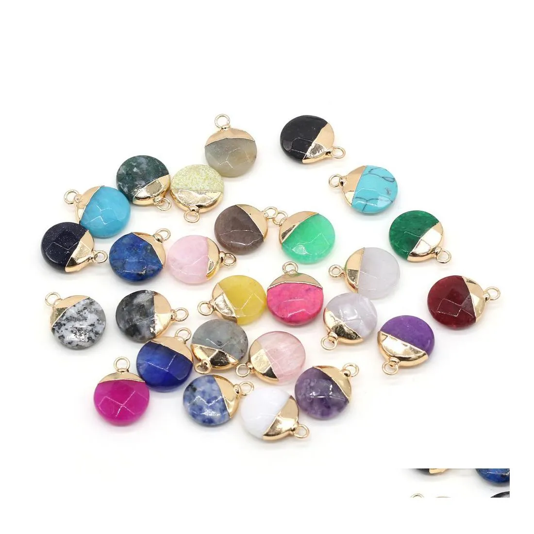 Arts And Crafts Delicate Natural Stone Charms Round Rose Quartz Lapis Lazi Turquoise Opal Pendant Diy For Bracelet Necklace Earrings Dht6D