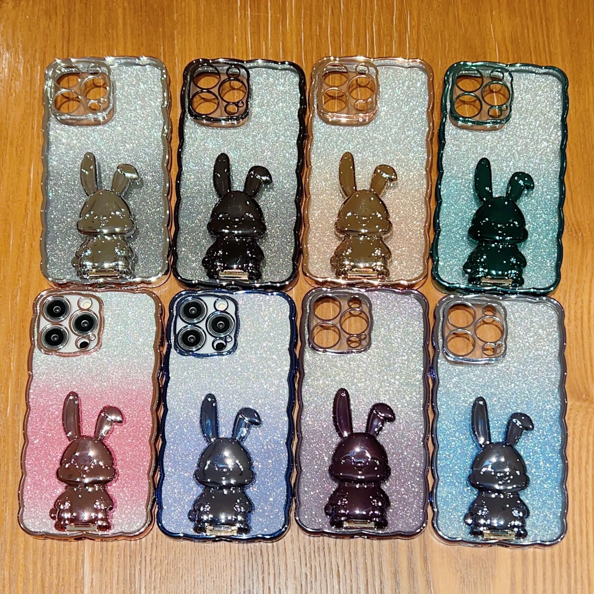 Glitter Rabbit Holder携帯電話ケースApple iPhone 11 12 13 14 Pro Max XS Max XR 7 8 Plus Protective Fashion Designer電気めっきカバー