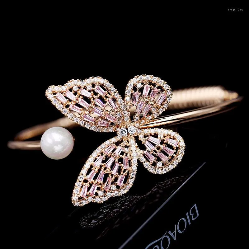 Bangle High Quality Gold Color Hollow Pink Zircon Butterfly Cuff With Pearl Bracelets For Women