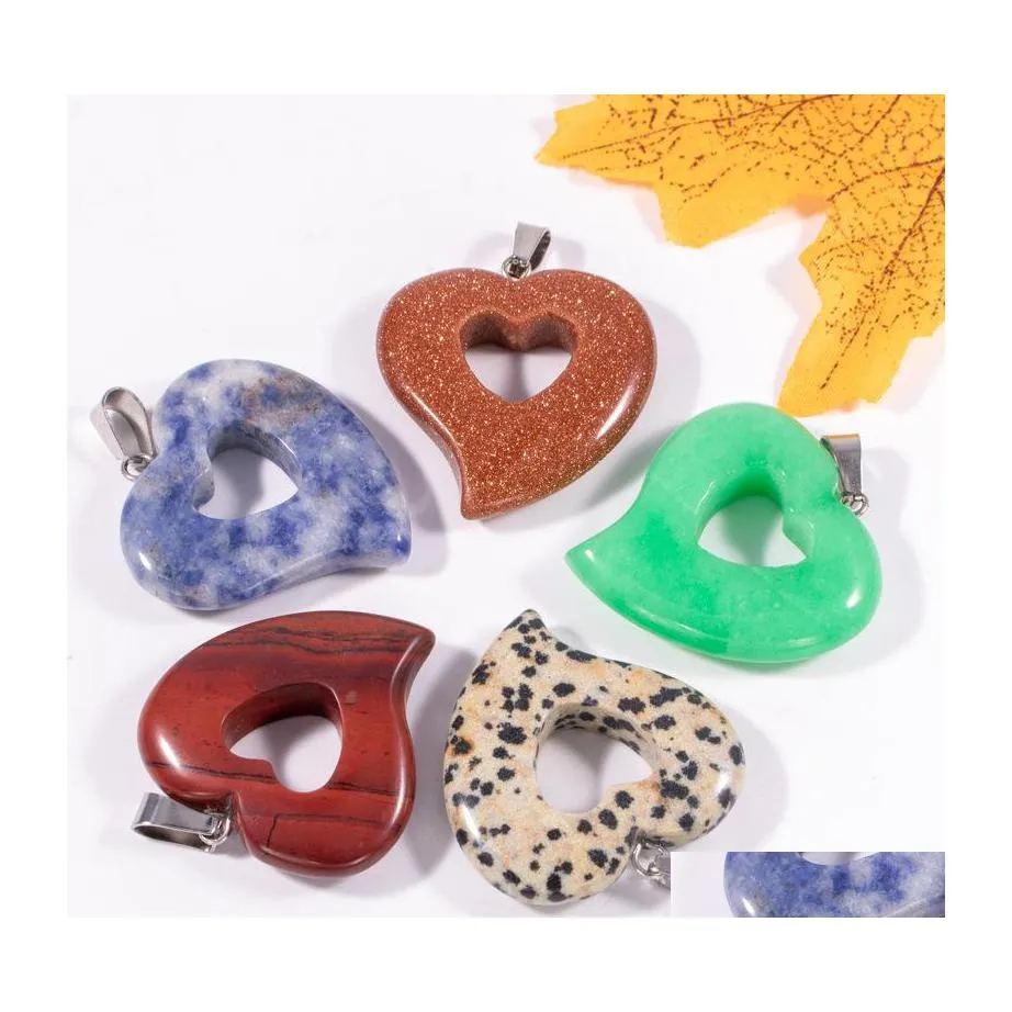Konst och hantverk Natural Crystal Rose Quartz Tigers Eye Stone Charms Heart Pendant For DIY ￶rh￤ngen Halsbandsmycken Making Sports201 DHCG6
