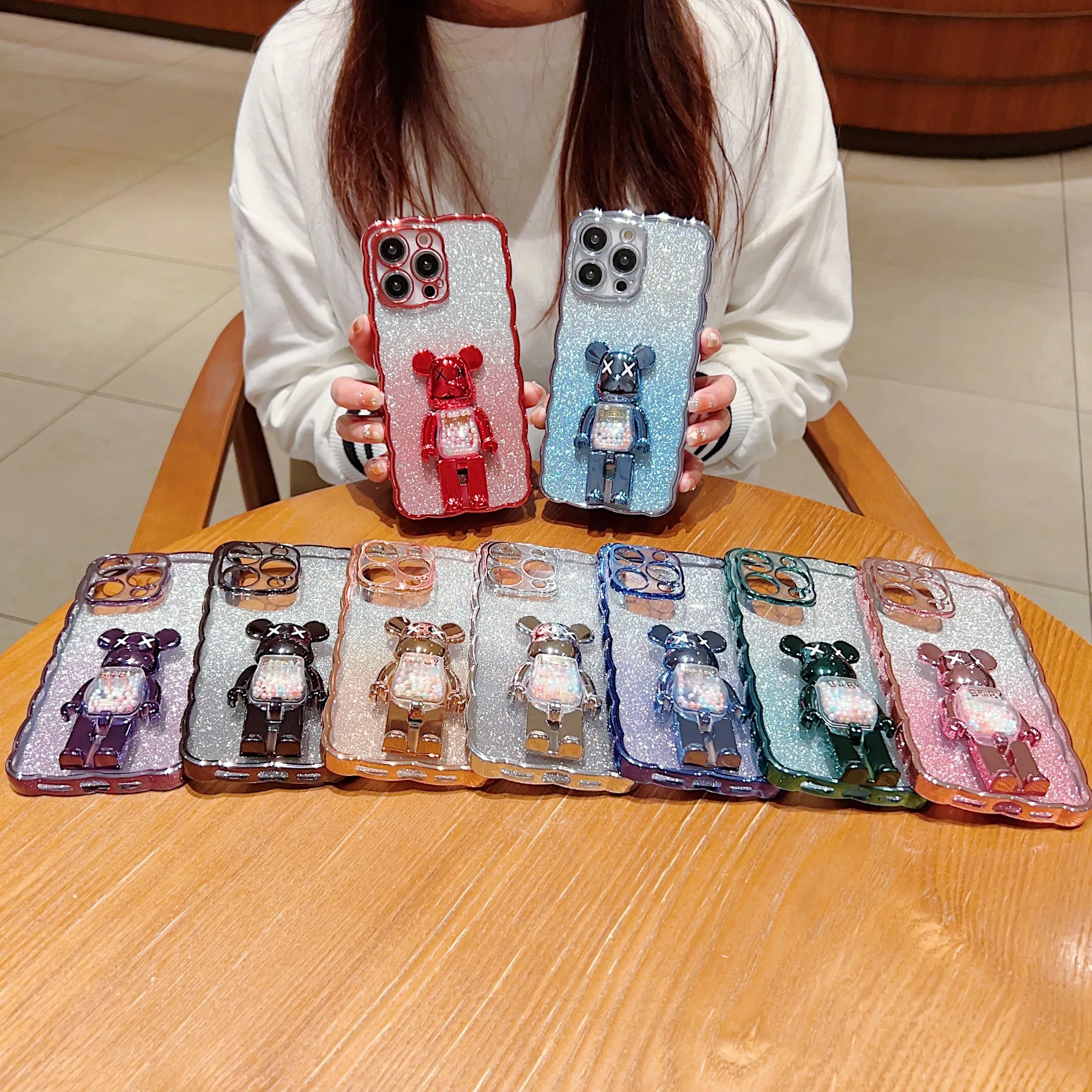 3D Candy Bear Holder Pating Telefoonhoesjes voor iPhone 14 Pro Max 13 12 11 XR XS X 8 7 Plus Luxe Kijkstand Paper Bling Glitter Sparkle Metallic Soft TPU Lens Gradient Cover
