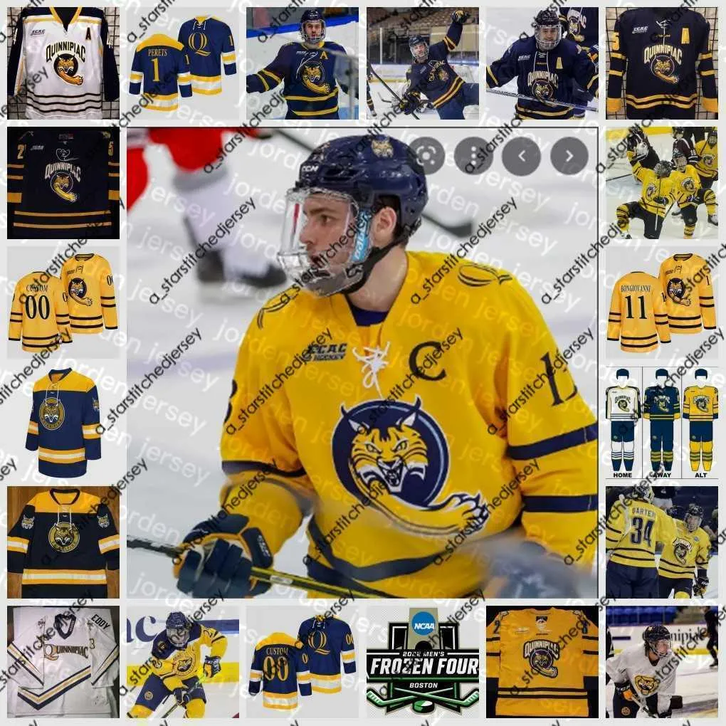 College Hockey trägt NEUES College Hockey trägt 2022 NCAA Frozen Four Custom QU Quinnipiac Bobcats Hockey Jersey 23 Zach Metsa 13 Chase Priskie 24 Bo Pieper 14 Der