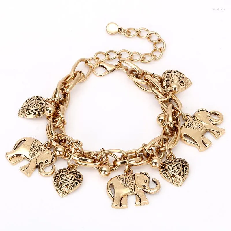 Bangle Vintage Elephant Gold Color Heart Charms Armband smycken DST Ankel