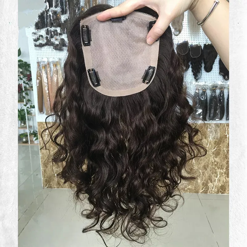15x16CM European Human Hair Topper Silk Skin Base Toupee curly Virgin Hair Extension with Clips for Women