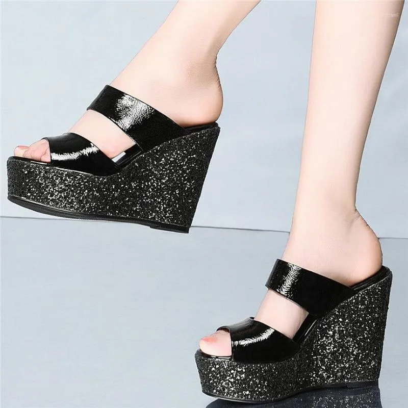 Kleding schoenen vrouwen echte lederen wiggen hoge hak gladiator sandalen vrouwelijke glinsterende glitter open teen feestplatform pompen casual