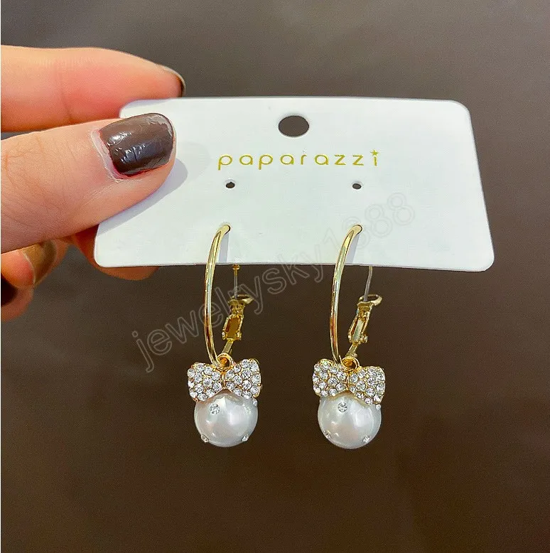 Fashion Korean Elegant Crystal Bowknot Imitation Pearl Hoop Earrings For Women Exquisite Rhinestone Earring