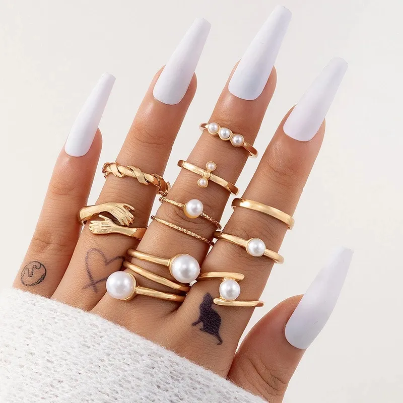 Eleganckie zestawy pierścienia z personelu Perłowego Zestawy Charki Ręcznie Złoty Kolor Metal dla kobiet biżuteria imprezowa 9pcs/zestawy