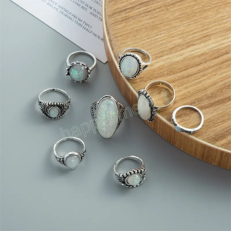 Vintage Antique Silver Color Rings Sets Colorful Opal Crystal Stone Carve for Women Men Bohemian Jewelry