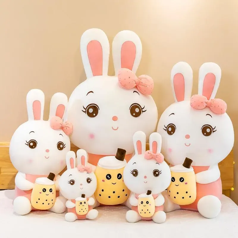 Jouet pour enfants en peluche Lapin à pattes de Pâques avec tasse de thé au lait Animaux en peluche en peluche Doux Rose Couché Noble Poupée Oreiller Coussin Cadeau Surprise Ouverte