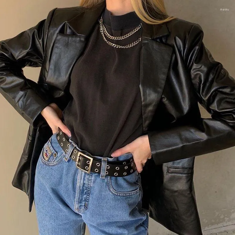 Damespakken Dames Zwart vaste kleuren Casual woon -werkverkeer Blazers Zipper Button Pocket Coat Vrouw Winter Fashion Outerwear Punk PU Leer