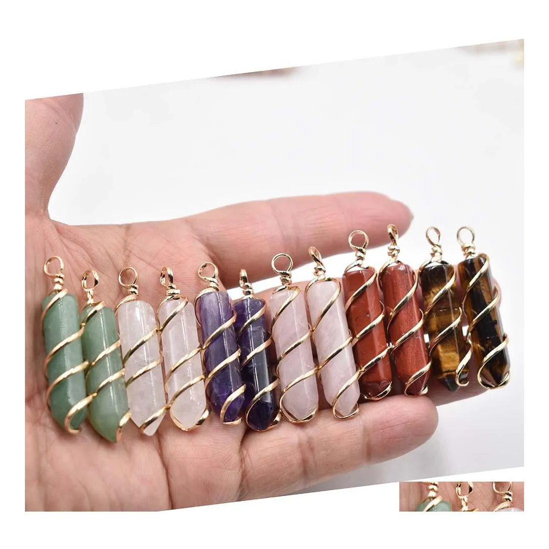 Konst och hantverk Natural Stone Pendants Healing Pendum Amethyst Rose Quartz Charms Sier Gold Wire Hexagon Agate Onyx Reiki Crystal Di Dhlxo