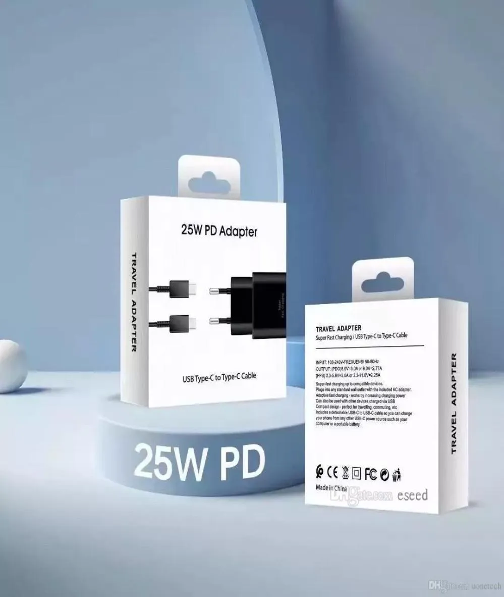 Настенные адаптеры 25 Вт зарядное устройство с кабелем типа C для Samsung Super Fast Charging Adapter EU US Plug с упаковкой Box5495330