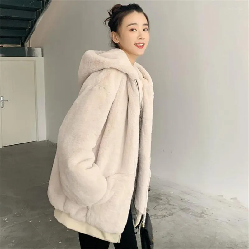 Women's Fur Women Warm Thick Overcoat Mid-length Outwear Top Furry Jacket Casacos De InvernoWinter Hooded Faux Rex Plush Coat