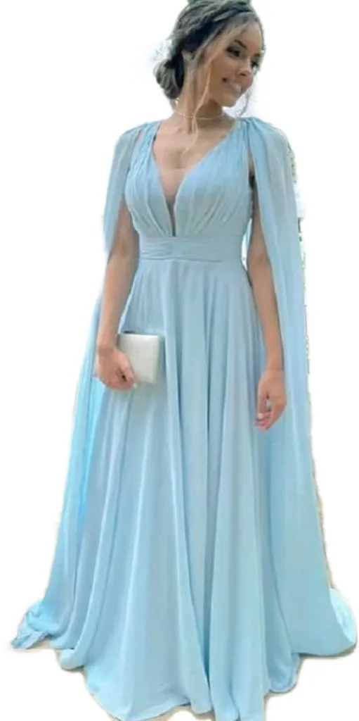 Robe De Soirée Bleue Élégante Avec Manches Cape Robe Formelle
