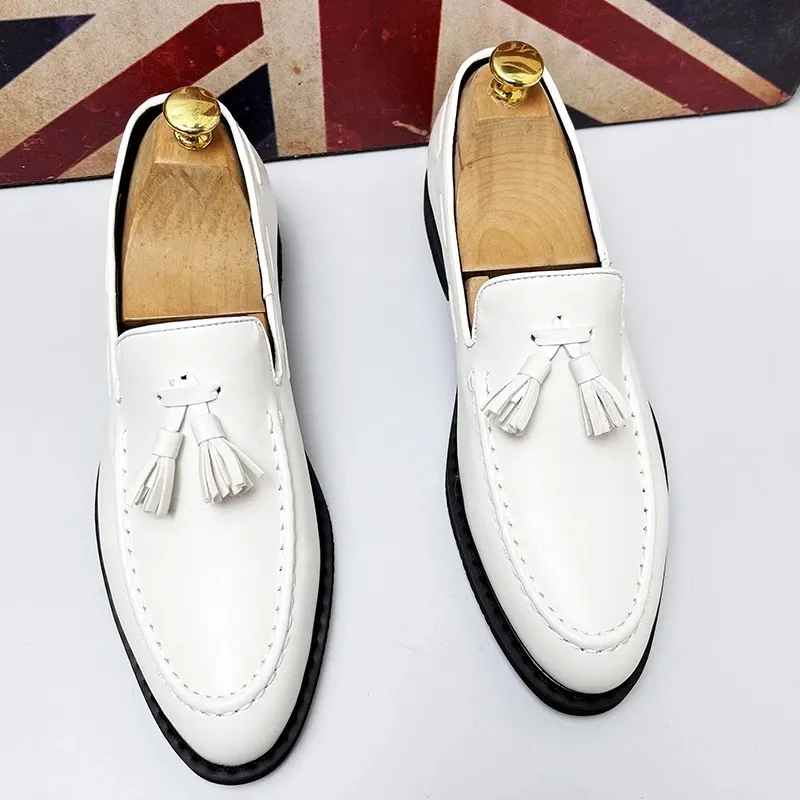 Luxury Tassel Loafers: Elegant White Leather Dress Shoes for 