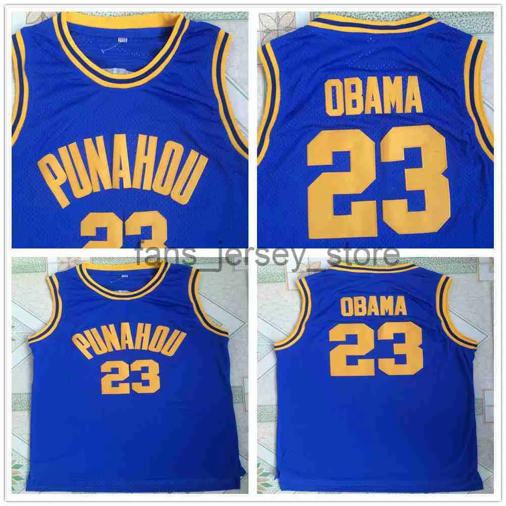 Ed NCAA Heren Vintage Basketbal Jerseys College 23 Barack Obama Punahou High School Jersey Blauw Wit Shirts S-2XL