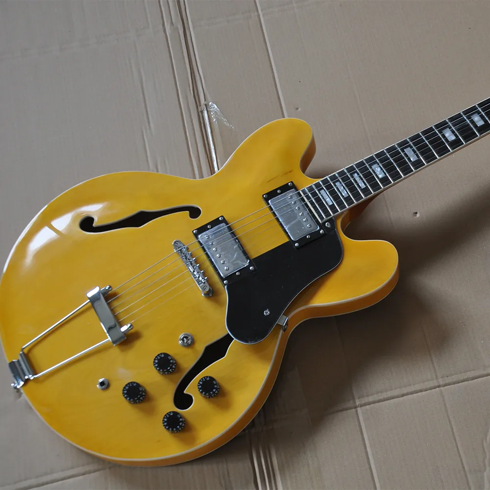 6 Strings Yellow Semi Hollow Electric Guitar With Fixed Bridge Rosewood
