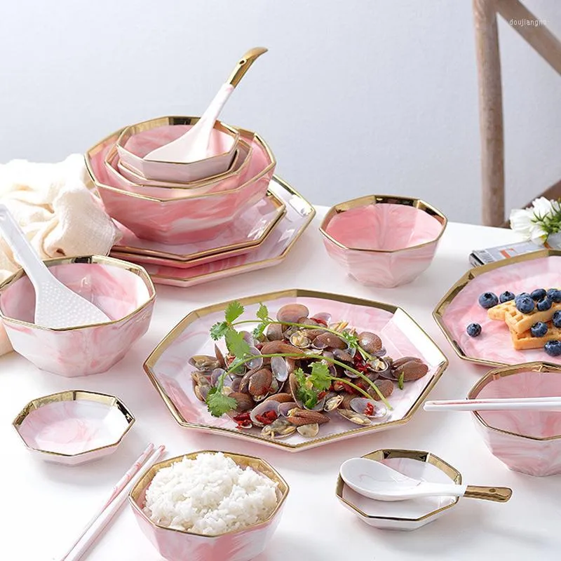 Plates Gold Inlay Plate Nordic Style Tableware Pink Ceramic Steak Salad Dessert Dish Dinner Dinnerware Set