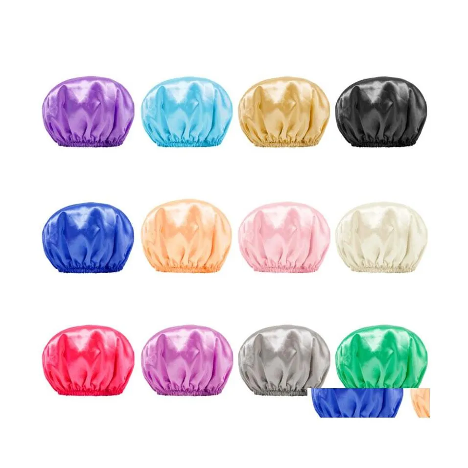 Bonnet / Casquettes De Tête De Mort Double Couche Couleur Unie Satin Chapeau Imperméable Bonnet Réglable Bain Douche Chapeaux Soins Des Cheveux Pour Femmes Fille Drop Dhdph