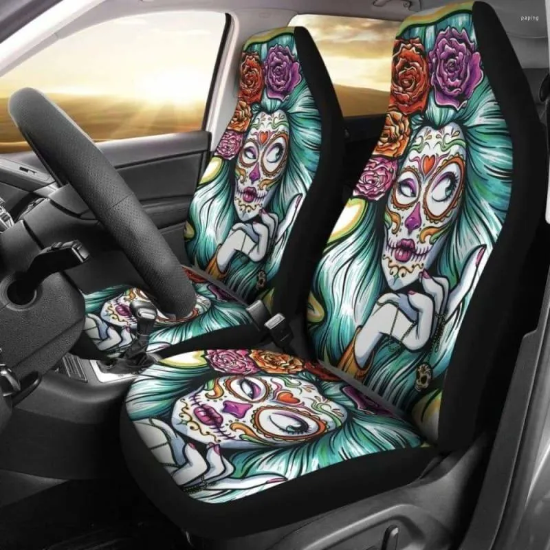 Car Seat Covers Set 2 Day Of The Dead Cover Sugar Skulls Pack Universal Front Protective