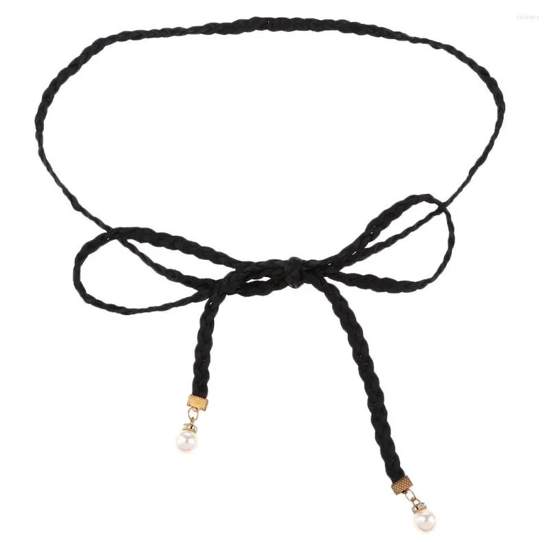 Belts Women Thin Weave Leather Tassel Self Tie Belt Ladies Braided Skinny Rope Waistband Pearls Waist