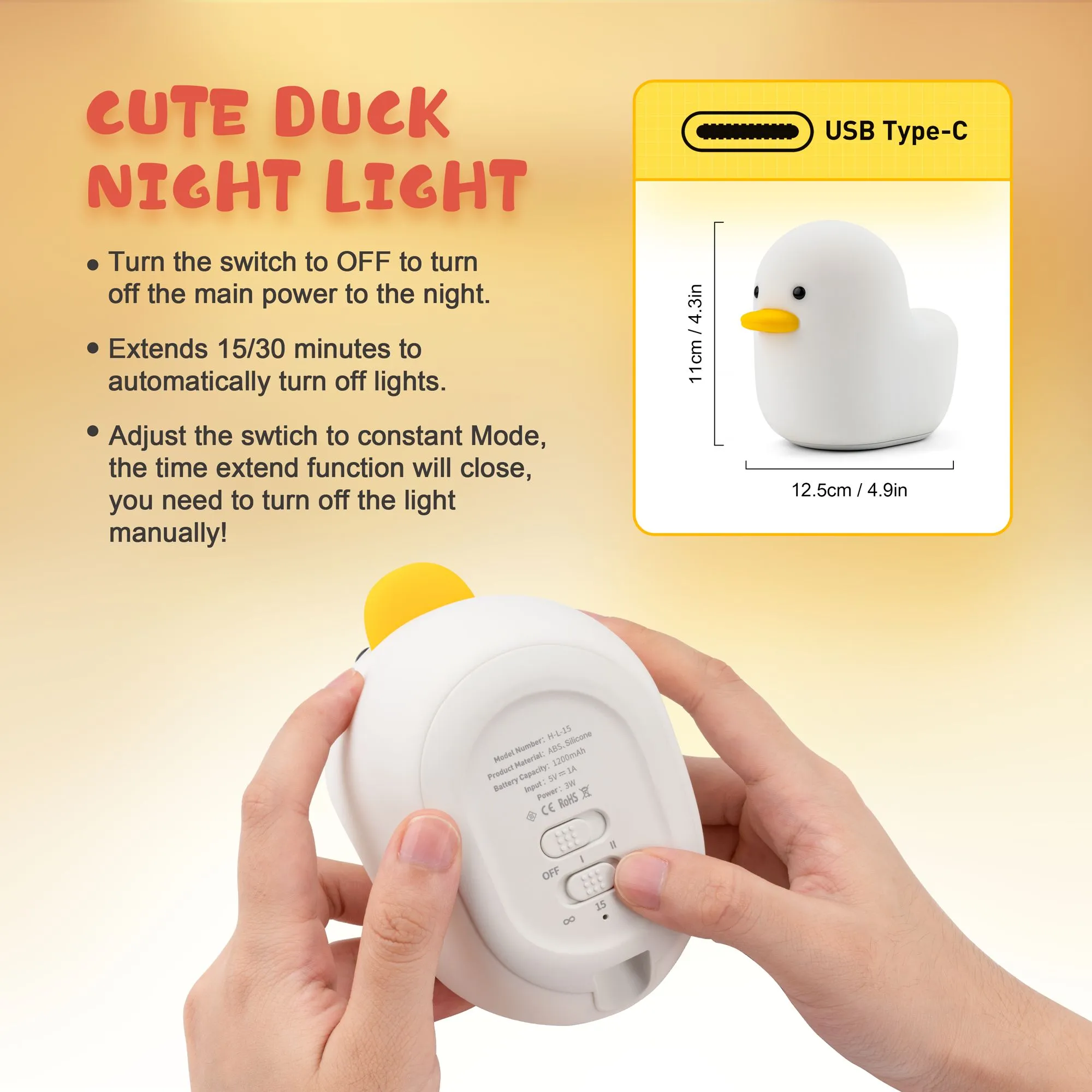 UNEEDE LED Benson Duck Night Light Cute Animal Silicone Nursery Rechargeable Table Lamp with Touch Sensor for Baby Girls Women Bed2568