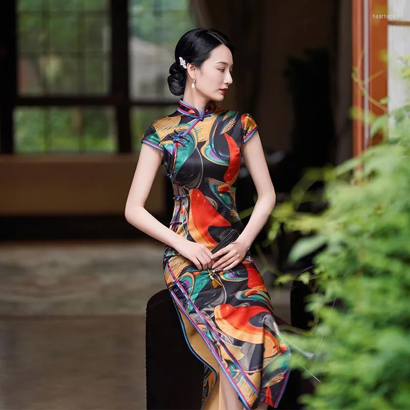 Ethnic Clothing Chinese Traditional Dress Woman High Split Short Sleeve Cheongsam Femme Standing Collar Printing Hanfu Party Vintage Long