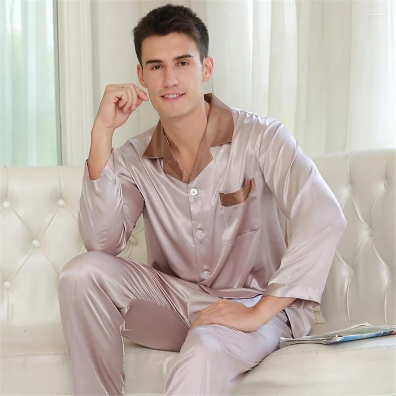 Hommes de nuit sexy fausse soie hommes pyjamas mode simple glace mâle couleur pure à manches longues pyjama pantalons ensembles deux pièces 5326
