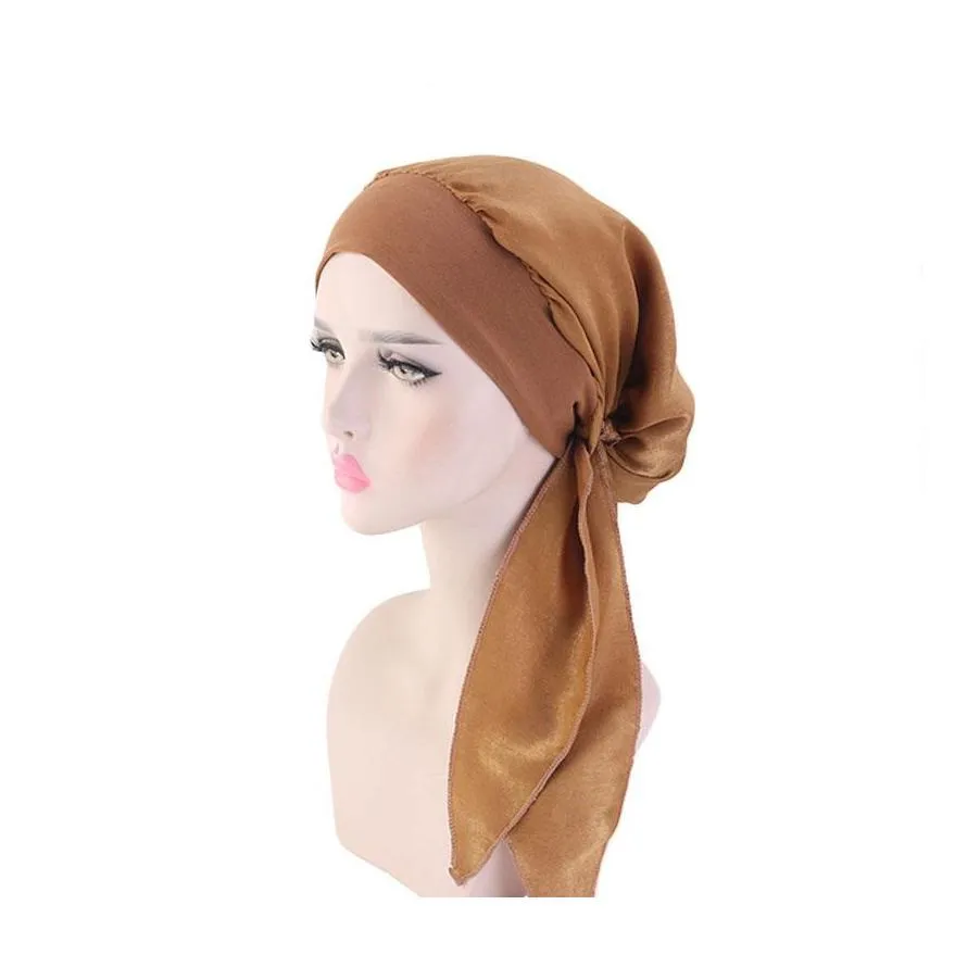 Bonnet / Crâne Casquettes Femmes Fille Satin Large Bande Solide Couleur Bonnet Headwrap Cancer Chimio Bonnet Chapeaux Cheveux Accessoires Drop Delivery Dhz8T