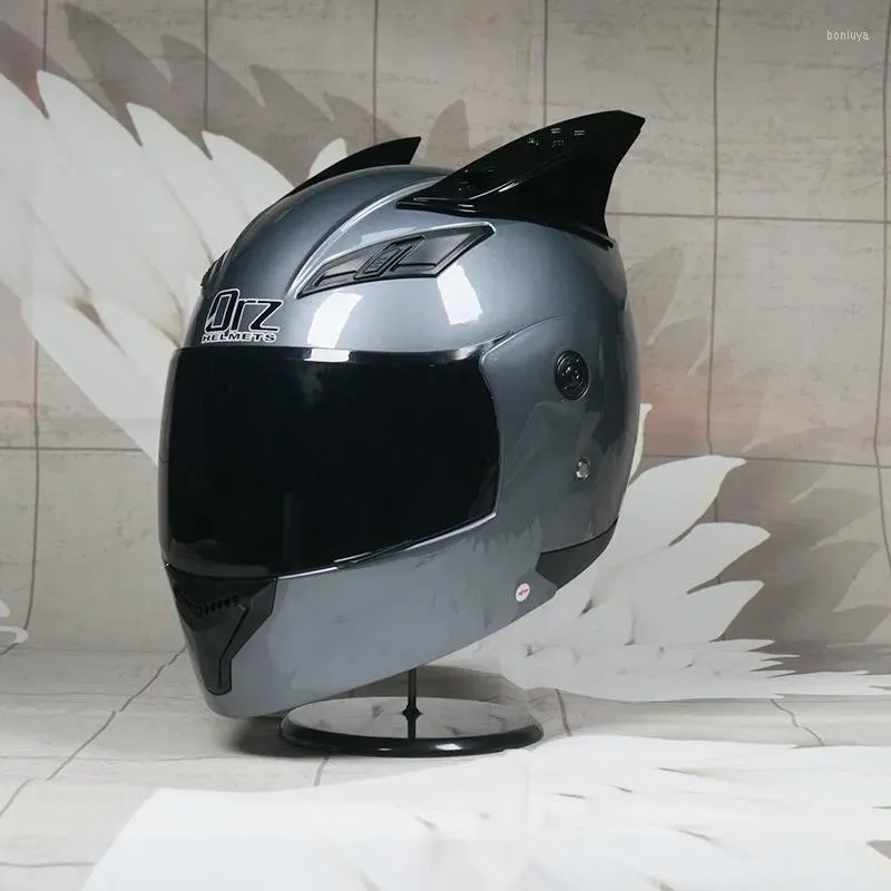 Motorradhelme Helm mit H￶rnern Vollgesicht Doppelobjektiv f￼r M￤nner und Frauen abnehmbar
