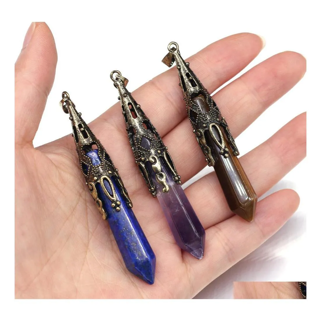 예술과 공예품이 원뿔 치유 석재 매력 호랑이 눈 Rose Quartz Amethyst Crystal Pendum Pendant DIY 12x70mm Sports2010 Drop Dhljx