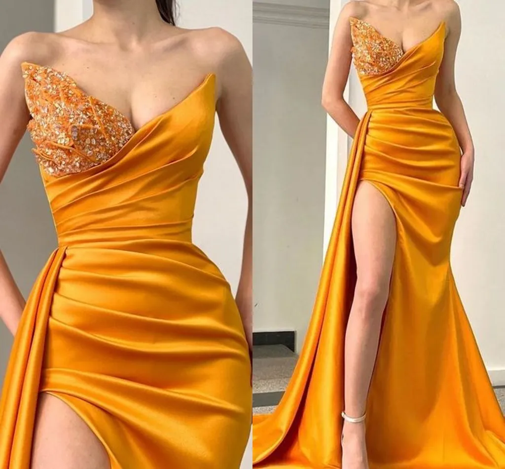 Sexy goud plus size zeemeermin prom jurken lang voor vrouwen lieverd kralen hoge zijde split sweep trein formele avond feestjurken op maat gemaakt