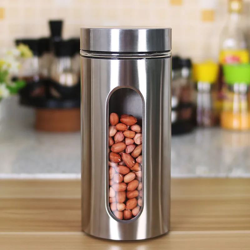 Kitchen Stainless Steel Cylinder Storage Jar Beans Peanut Containers Organization Food Visible Preservation Sealed Tanks Box BH8102 ff