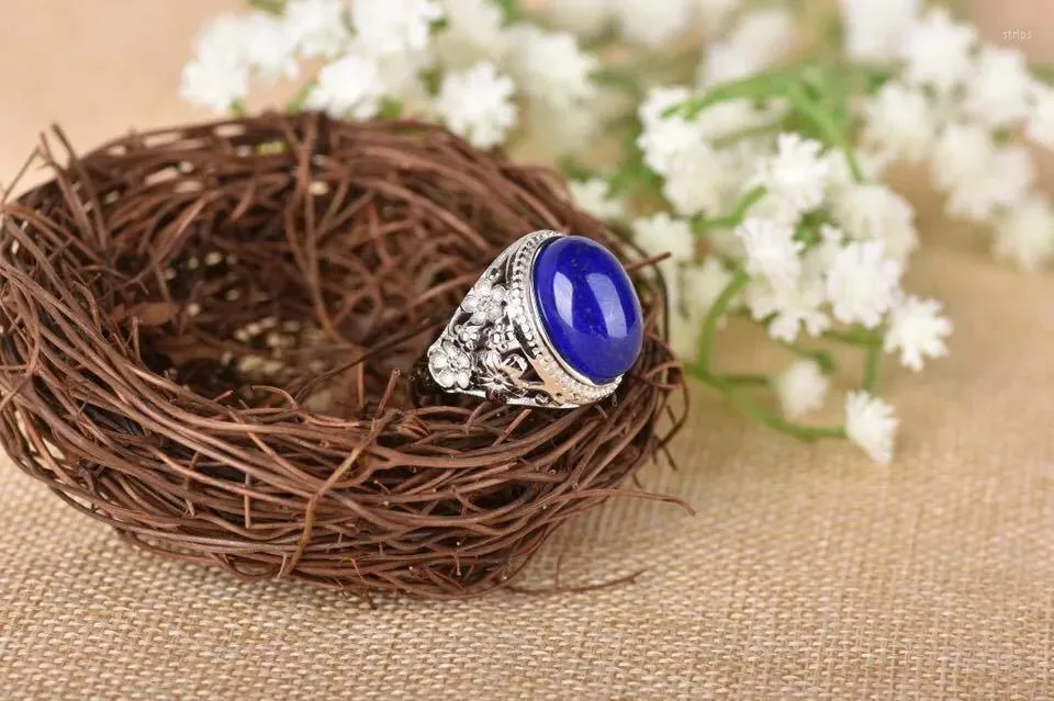 Küme halkaları gümüş eşyalar S925 Sterling gümüş kakma doğal Afgan lapis lazuli çiçek açık uçlu yüzük