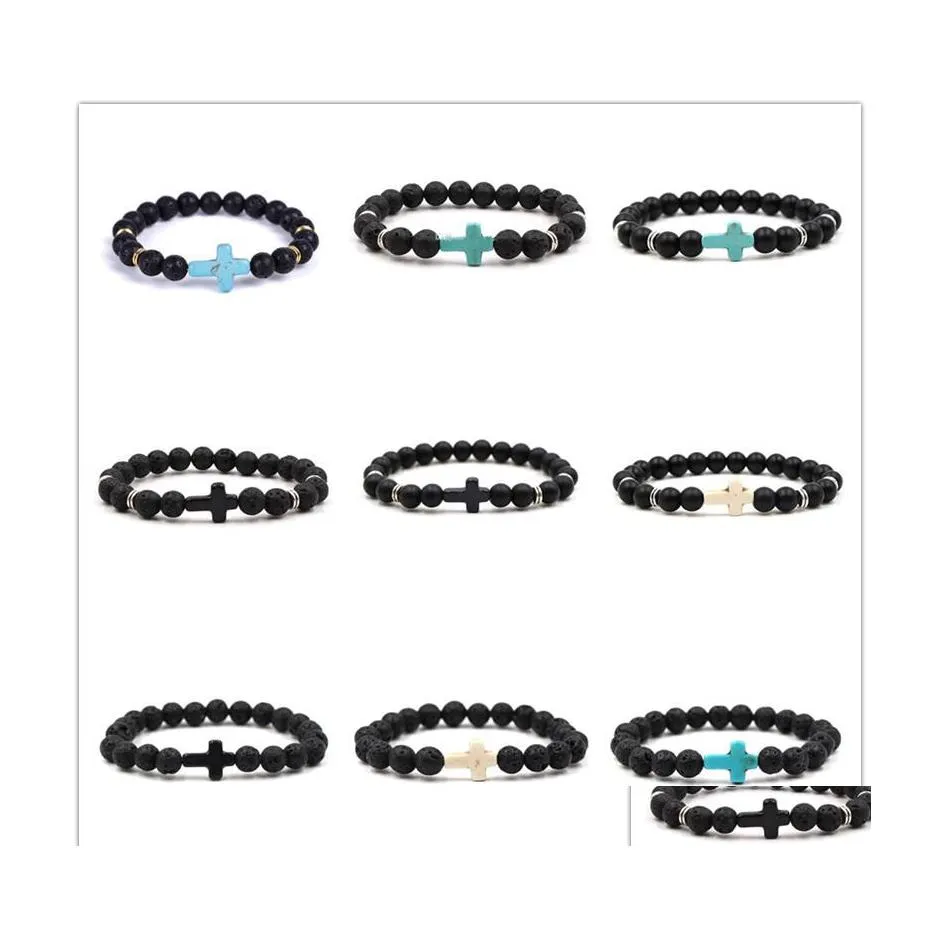 Arts And Crafts 8Mm Black Stone Beads Cross Charms Elastic Strand Bracelet Bangle For Women Men Jewelry Sports2010 Drop Delivery Home Dhwb0