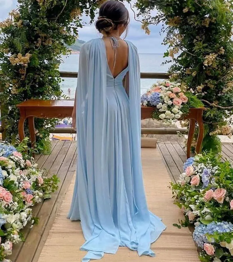 Élégant bleu robe de soirée de Dubaï avec des manches cape sexy une ligne en mousseline de soie arabe Israël robe de bal 2023 dos nu formelle femmes parti cocktail occasion robes longues