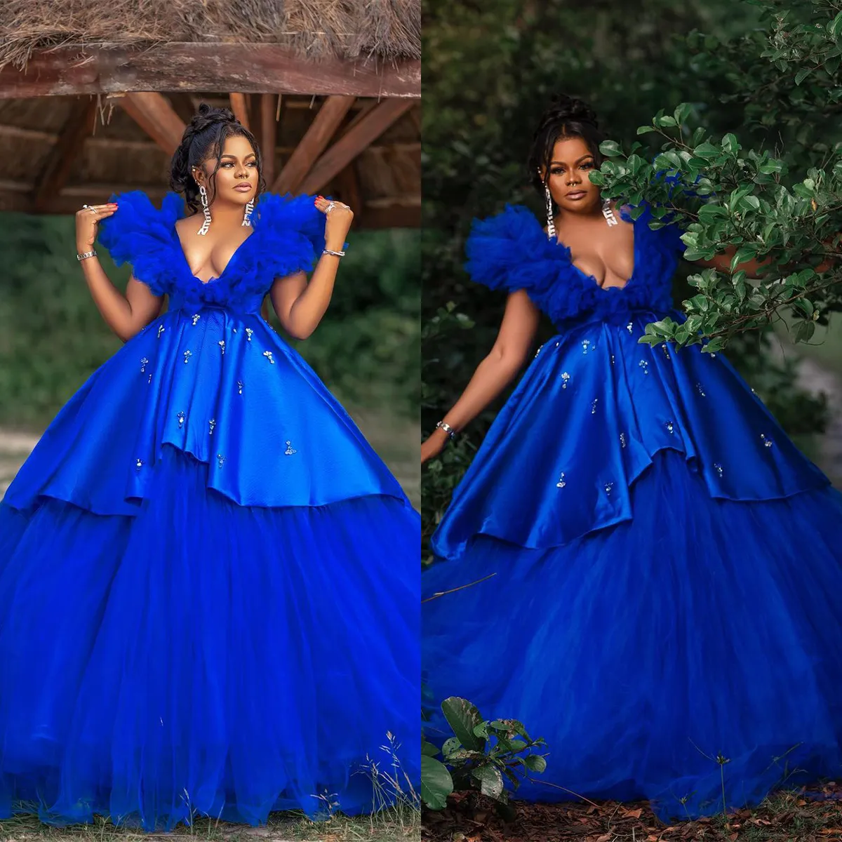 Bleu Nouvelle Arrivée Robe De Bal Robes De Soirée Col En V Sans Manches Dentelle Perlée Satin Perles Diamants Train Paillettes Applique Robe De Bal De Célébrité Grande Taille Sur Mesure