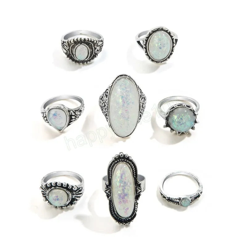 Vintage Antique Silver Color Rings Sets Colorful Opal Crystal Stone Carve for Women Men Bohemian Jewelry