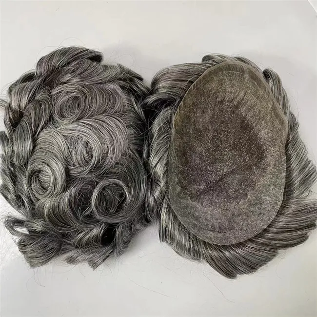 Substituição indiana de cabelo humano virgem 8x10 1b/cinza Q6 Toupee Skin PU lados e costas com unidades de renda suíça para homens velhos