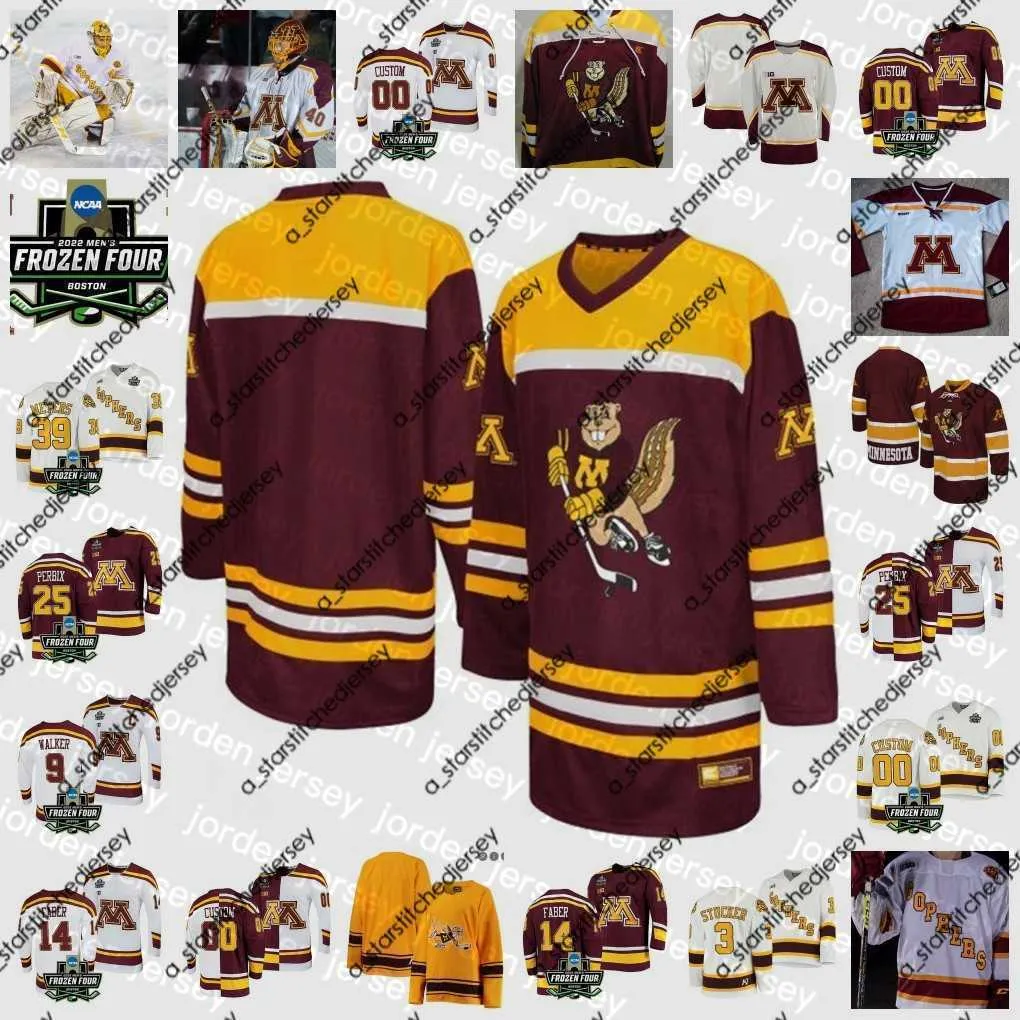 College Hockey Wear New College Hockey Wear 2022 Frozen Four Championship Minnesota Golden Gophers 스티치 하키 저지 관습 31 Jeff Frazee 34 Kellen Brigg