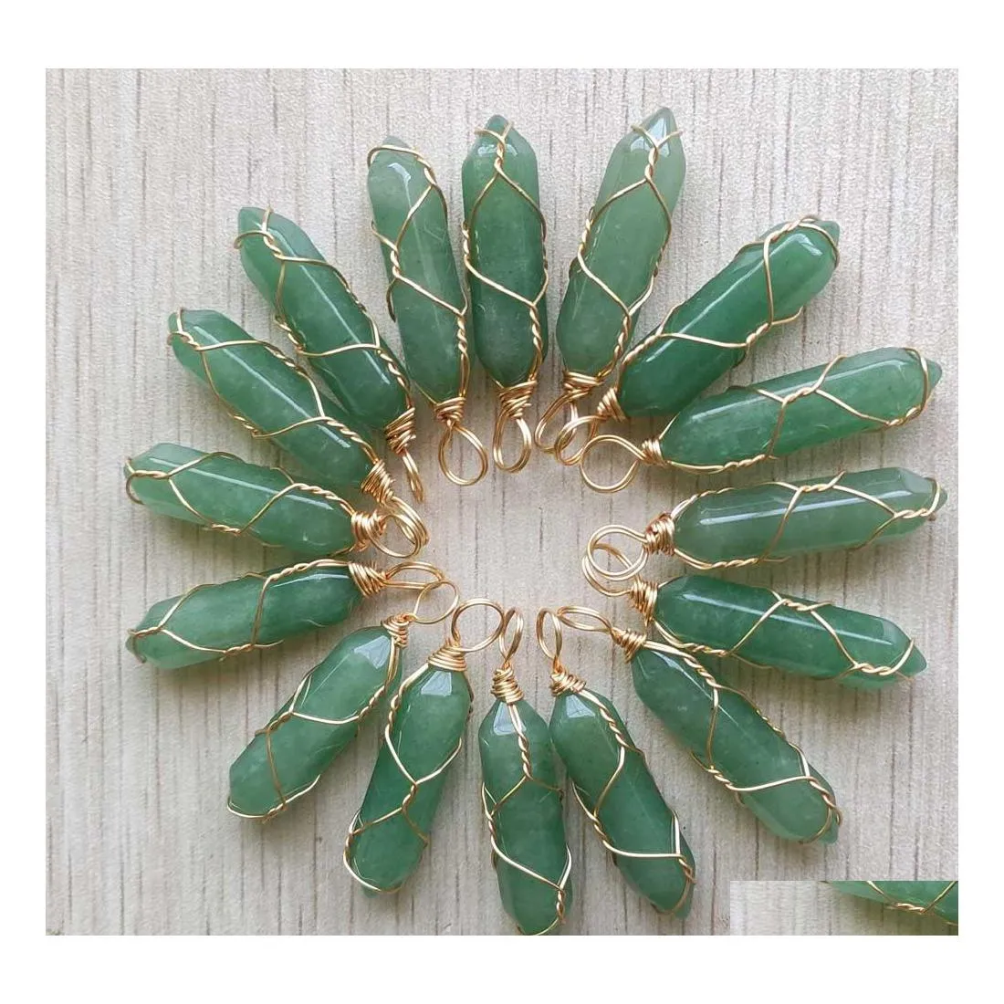 Arts And Crafts Natural Green Aventurine Stone Hexagon Charms Handmade Golden Iron Wire Pillar Shape Pendants For Jewelry Making Spo Dha5J