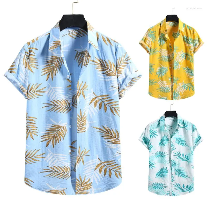 Casual shirts voor heren lichtblauwe bladeren 3d print Hawaii strand shirt met korte mouwen shirt mannen zomer 2022 kwaliteit katoen linnen mode chemise homme homme