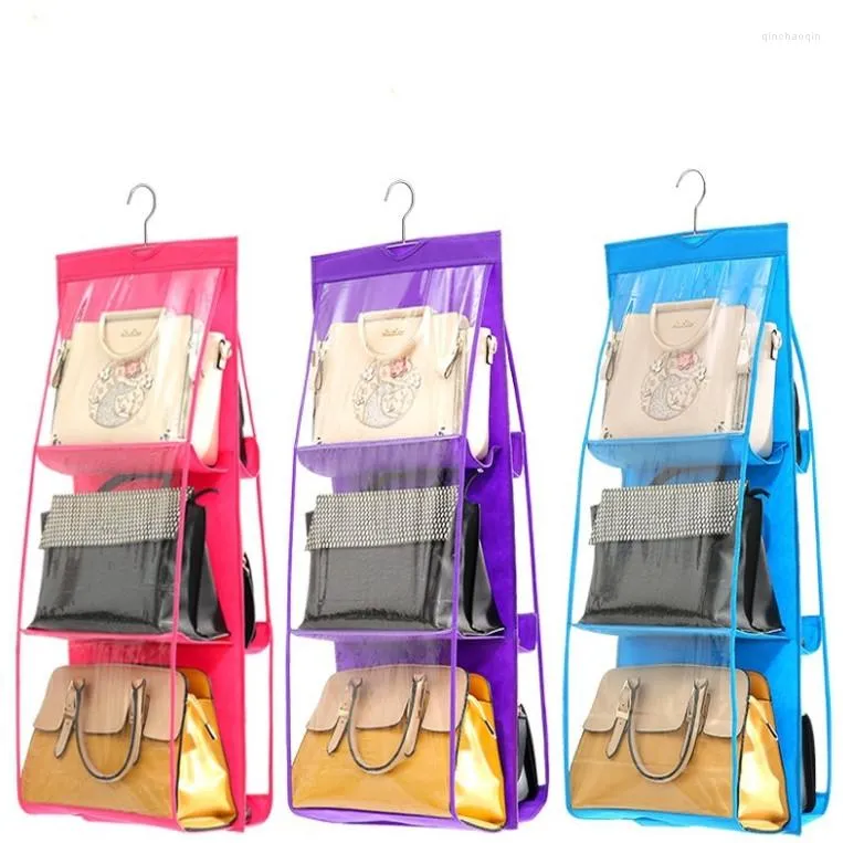 Storage Bags Transparent 6 Pocket 2 Sides Household Hanging Handbag Organizer For Wardrobe Closet