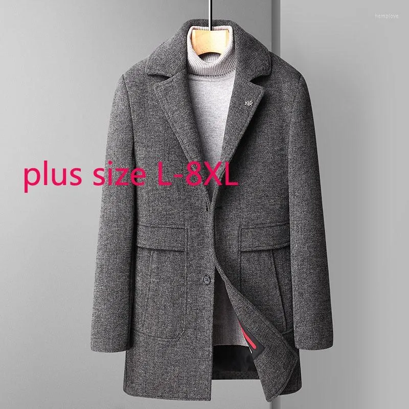 Herr ner ankomst mode super stora vinter tjocka unga män lång innerfoder ull tweed coat casual plus size l-5xl 6xl 7xl 8xl