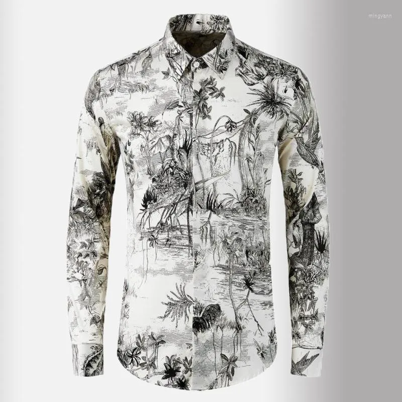 Men's Casual Shirts Minglu Cotton Mens Luxury Digital Printing Long Sleeve Dress Plus Size 4xl Slim Fit Male