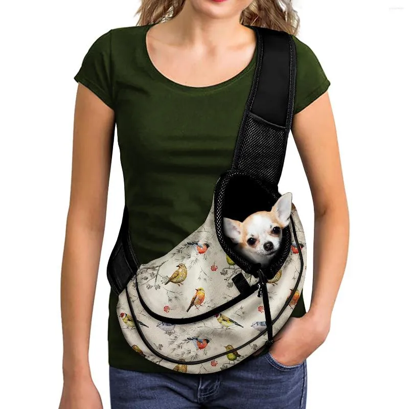 Housses de siège de voiture pour chien Motif oiseaux mignons Chiens de compagnie Chats Transporteur Sac à bandoulière Voyage en plein air Portable Mesh Animaux Crossbody Sling Sacs Accessoires