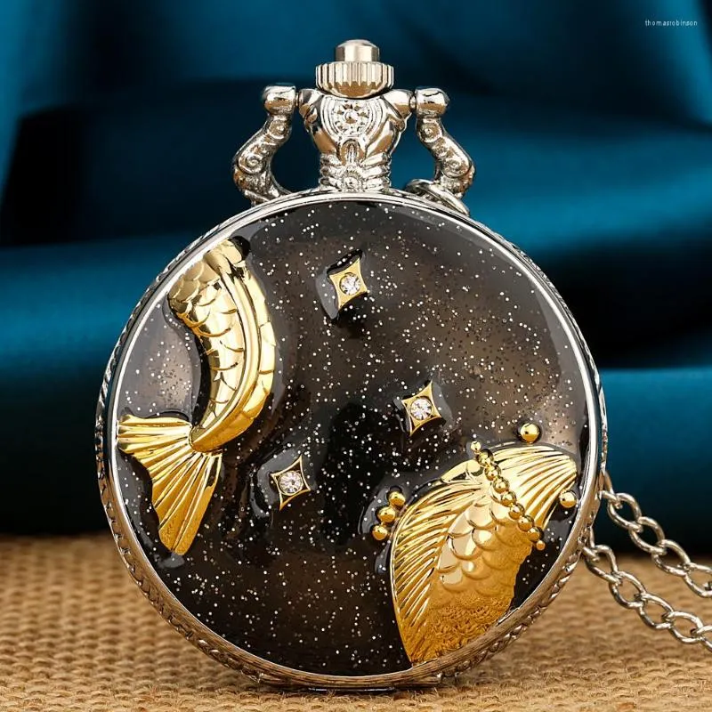 Pocket Watches Vintage Starry Black Goldfish Design Silver Quartz Watch Män Kvinnor Elegant Retro Necklace Timepiece Gift