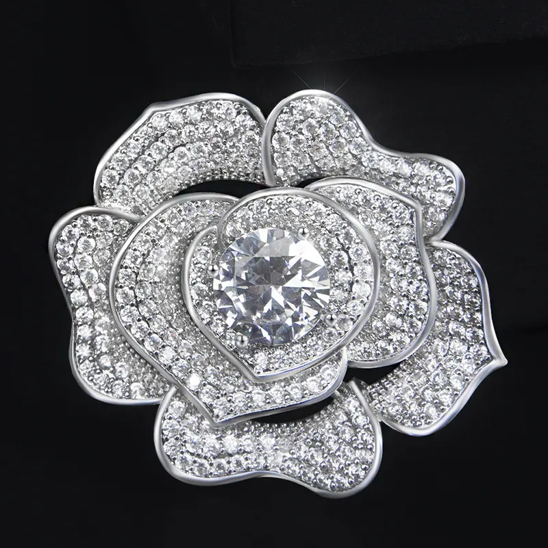 Luxury Crystal Flower Brooches for Women Silver Color Plant Corsage Clothing Pin Suit Accessories Wedding Jewelry Gift