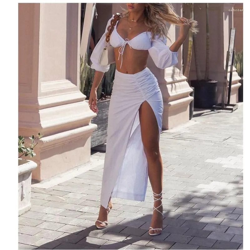 Work Dresses 2022 Two Piece Set Long Sleeve Crop Top Starpless Bodycon Skirt Women Summer Sexy White Club Party Ladies Dress Sets